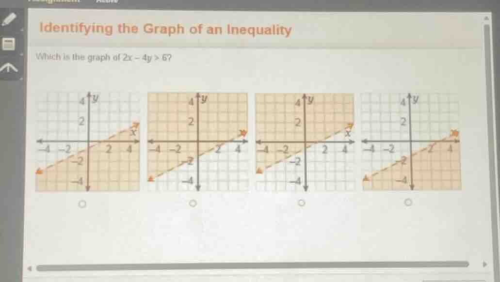 identifying the graph of an inequality which is the graph of $2x - 4y >…