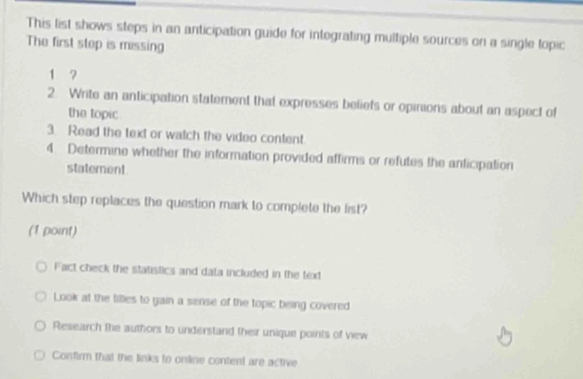 this list shows steps in an anticipation guide for integrating multiple…