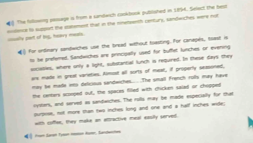 the following passage is from a sandwich cookbook published in 1894. se…
