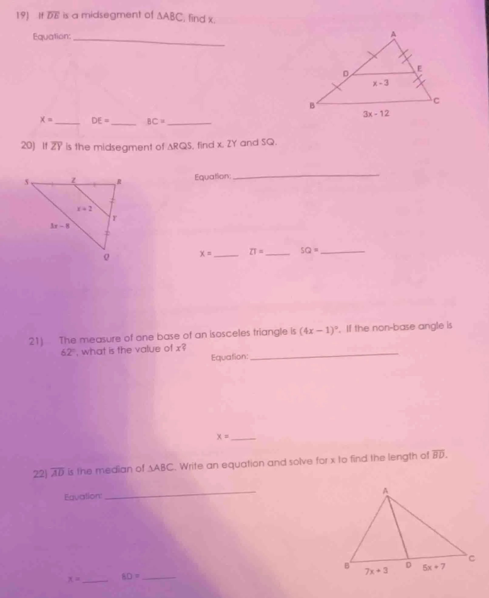 19) if \\( \\overline{de} \\) is a midsegment of \\( \\triangle abc \\)…