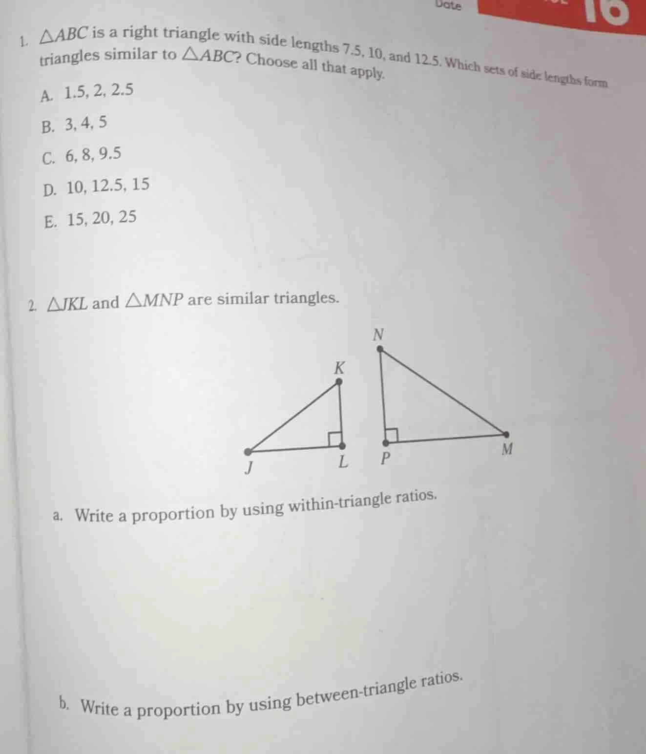 1. $\\triangle abc$ is a right triangle with side lengths 7.5, 10, and …