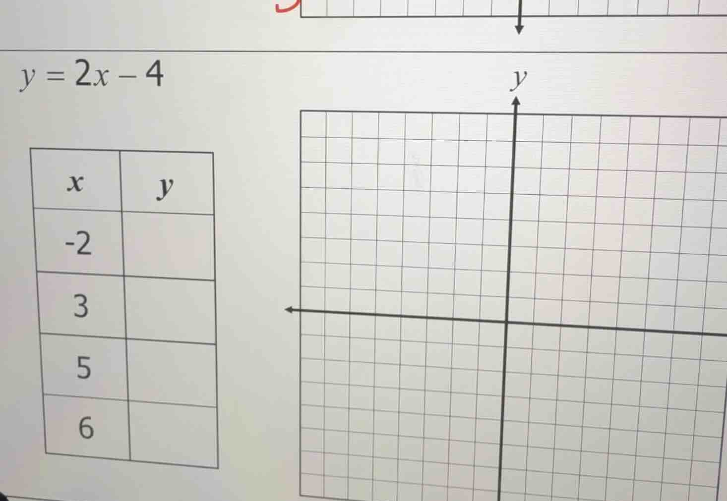 y = 2x - 4\ \ | x | y |\ | -2 | |\ | 3 | |\ | 5 | |\ | 6 | |