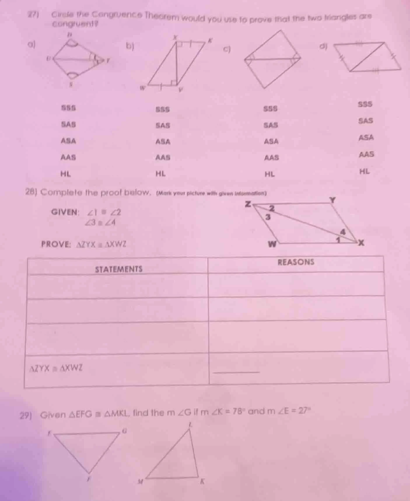 27) circle the congruence theorem would you use to prove that the two t…