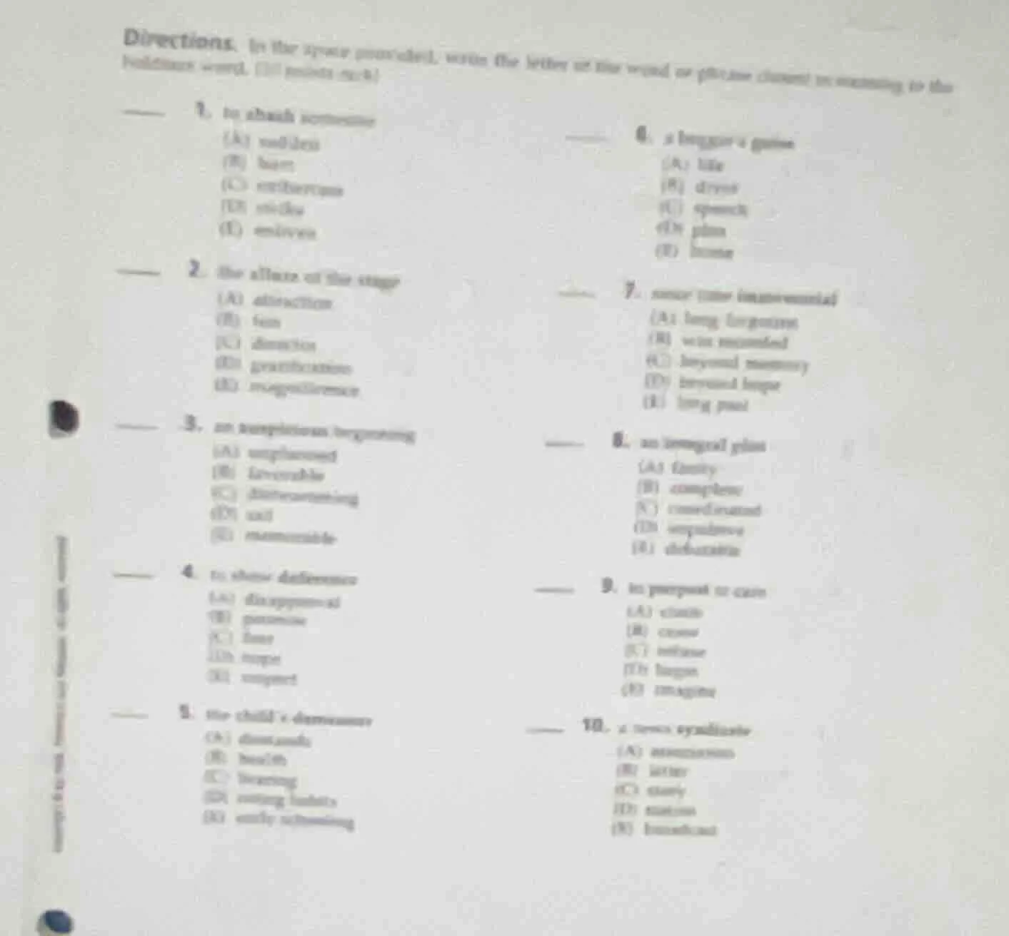 directions: in the space provided, write the letter of the word or phra…