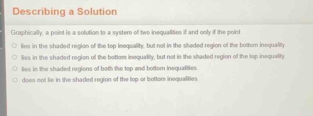describing a solution graphically, a point is a solution to a system of…