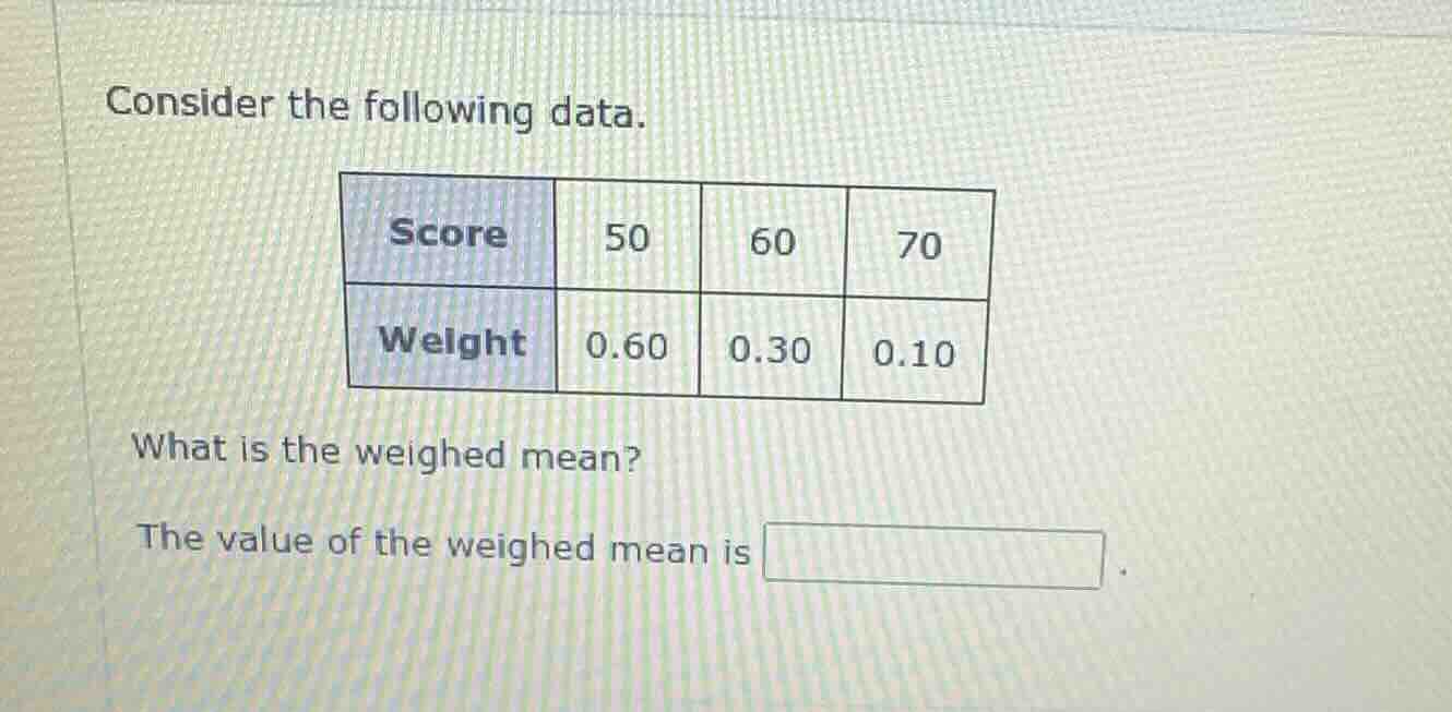 consider the following data. score | 50 | 60 | 70 weight | 0.60 | 0.30 …