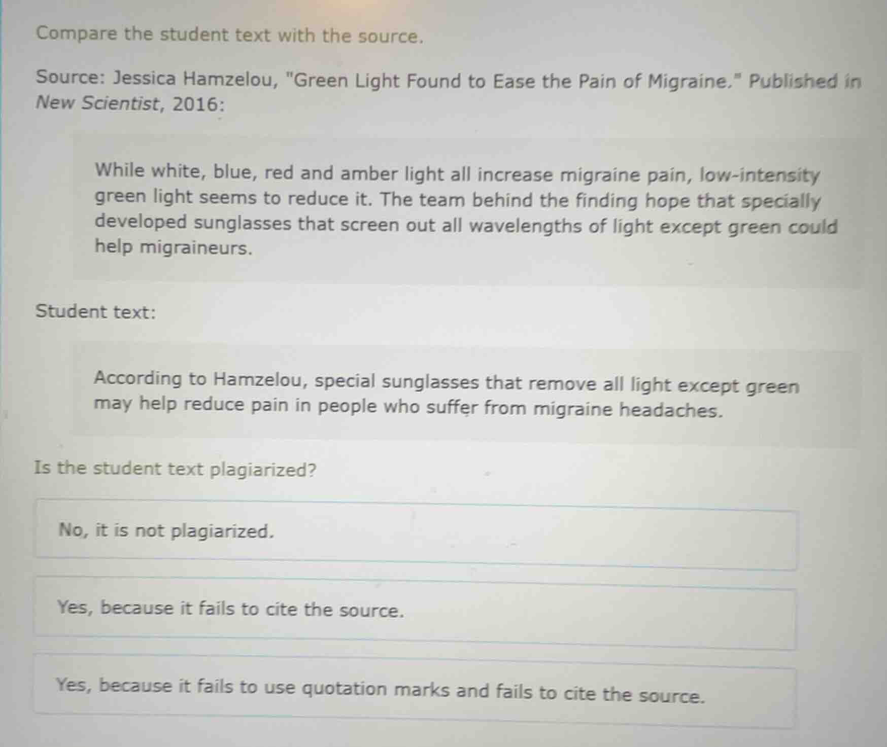 compare the student text with the source. source: jessica hamzelou, \gr…