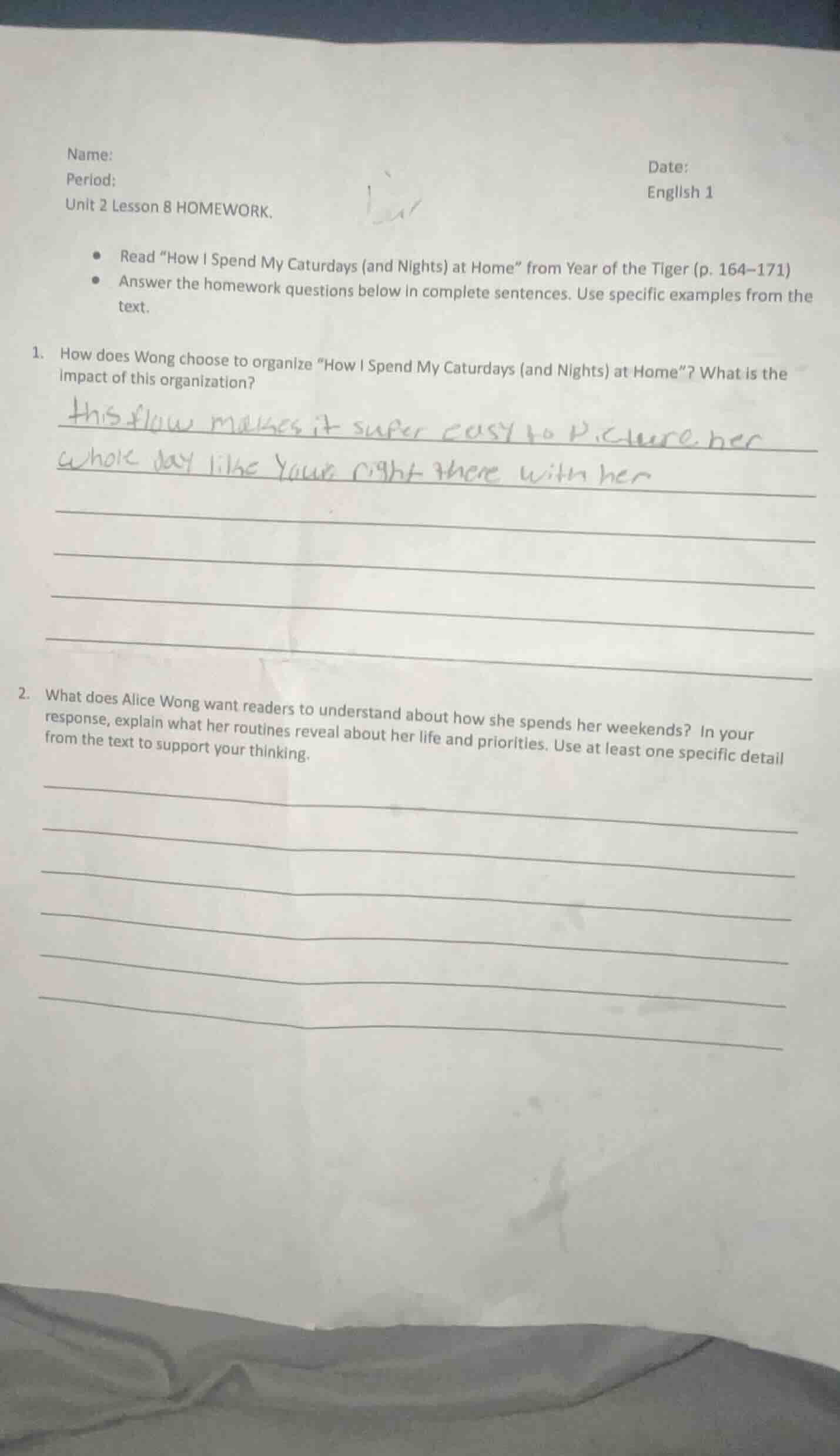 name: date: period: english 1 unit 2 lesson 8 homework. - read \how i s…