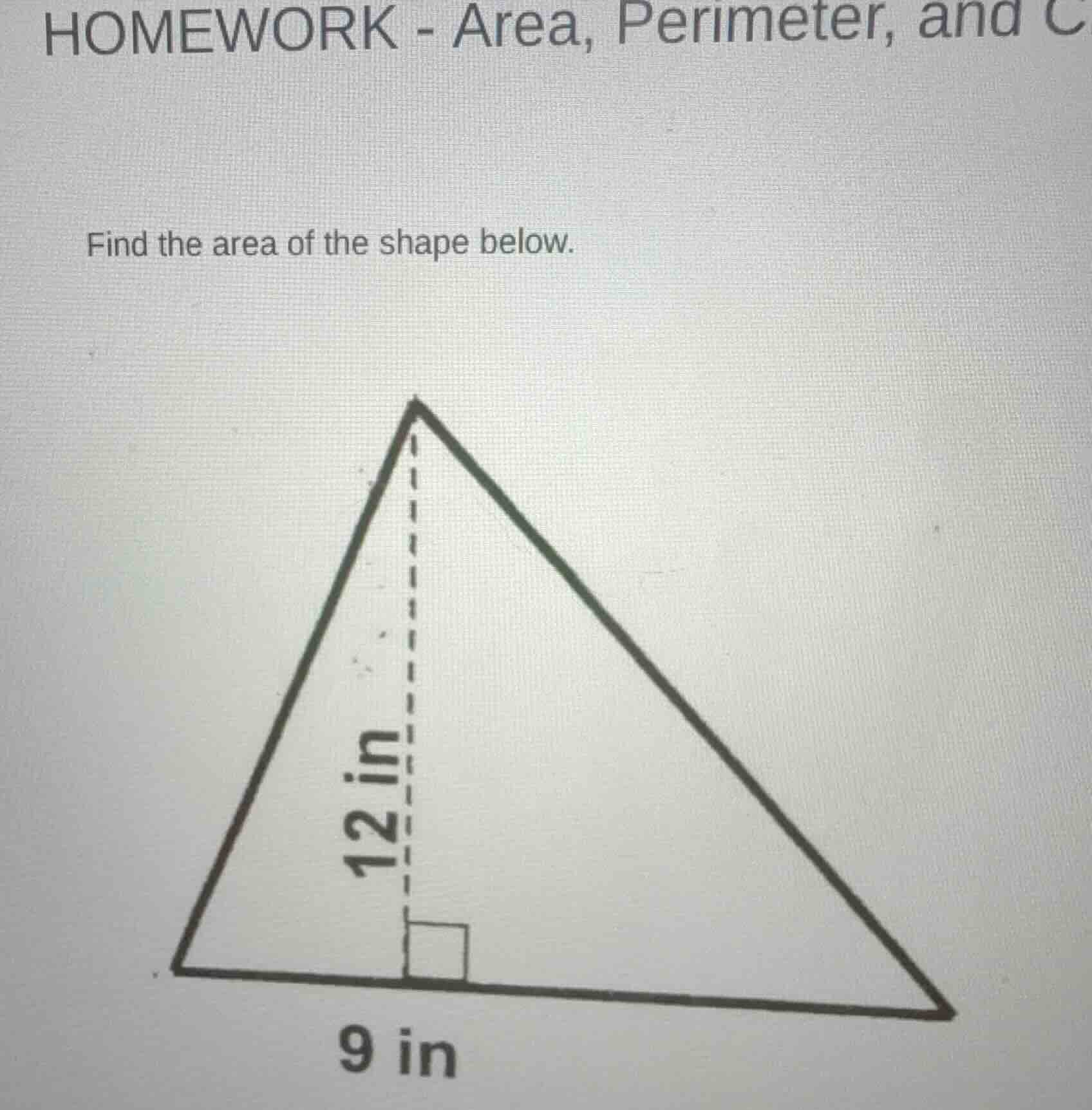 homework - area, perimeter, and c find the area of the shape below. 12 …