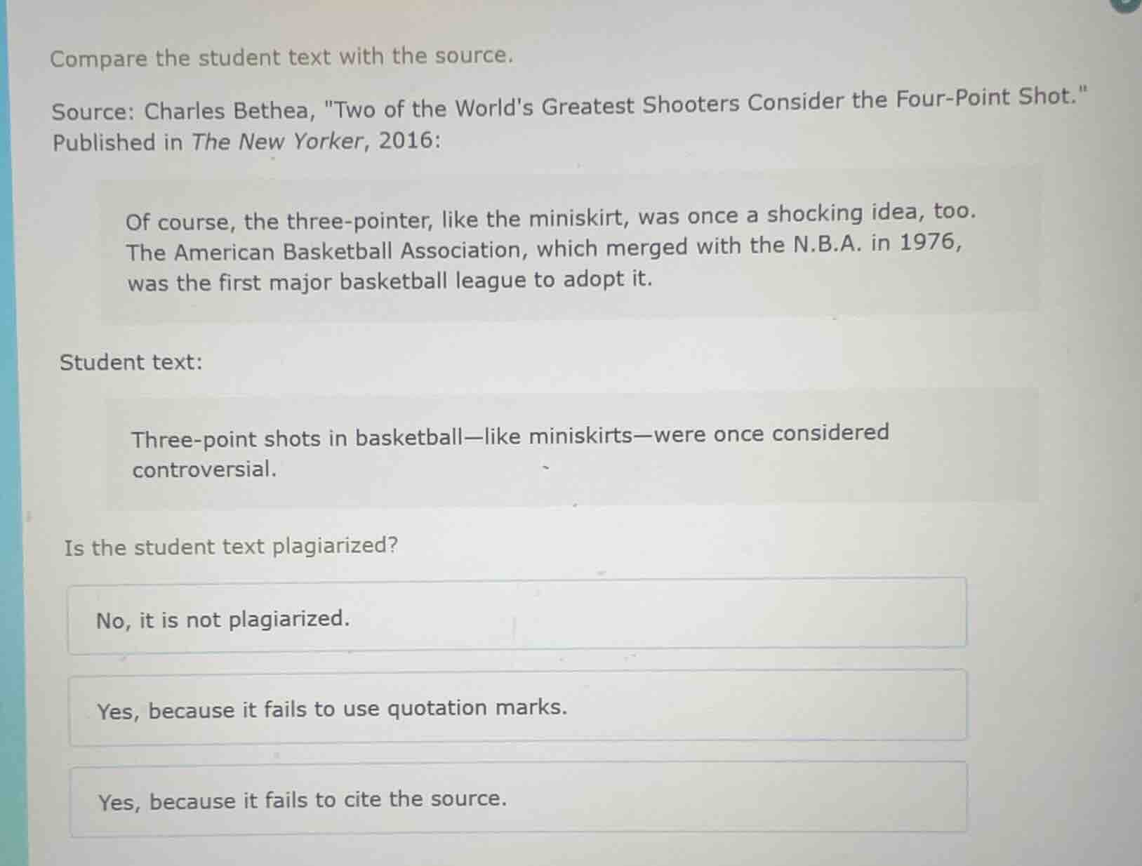 compare the student text with the source. source: charles bethea, \two …