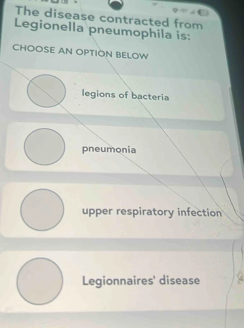 the disease contracted from legionella pneumophila is: choose an option…