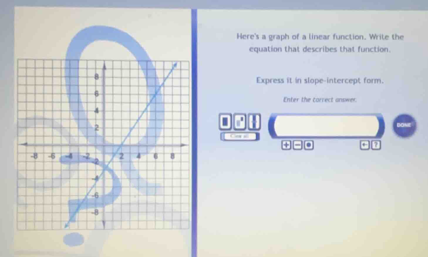 heres a graph of a linear function. write the equation that describes t…