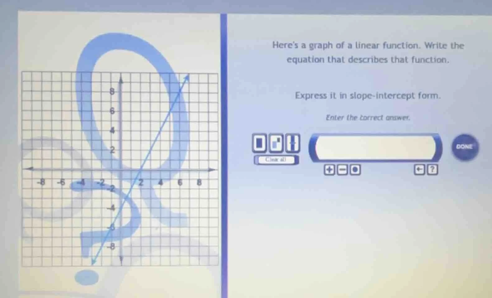 heres a graph of a linear function. write the equation that describes t…