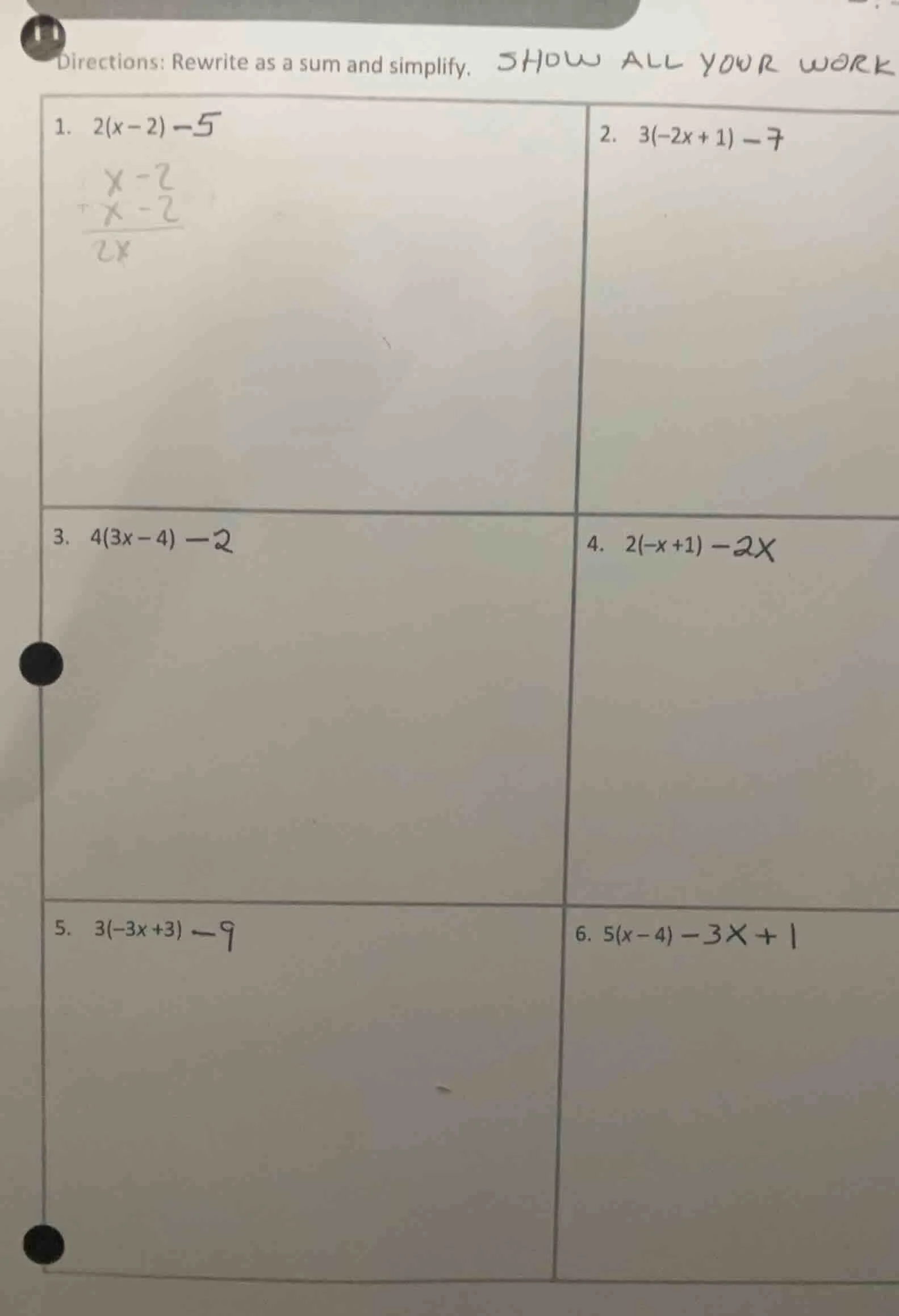 directions: rewrite as a sum and simplify. show all your work 1. $2(x -…