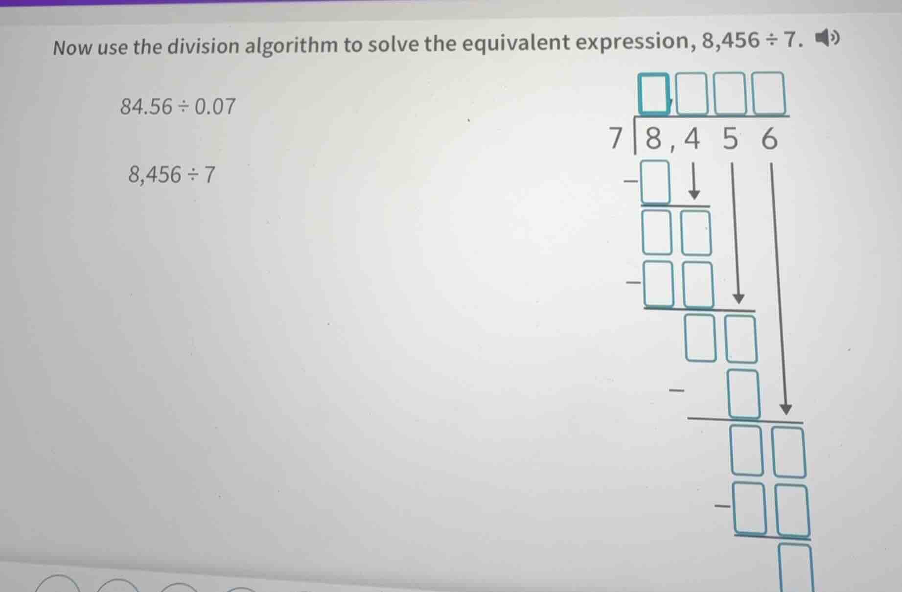 now use the division algorithm to solve the equivalent expression, 8,45…