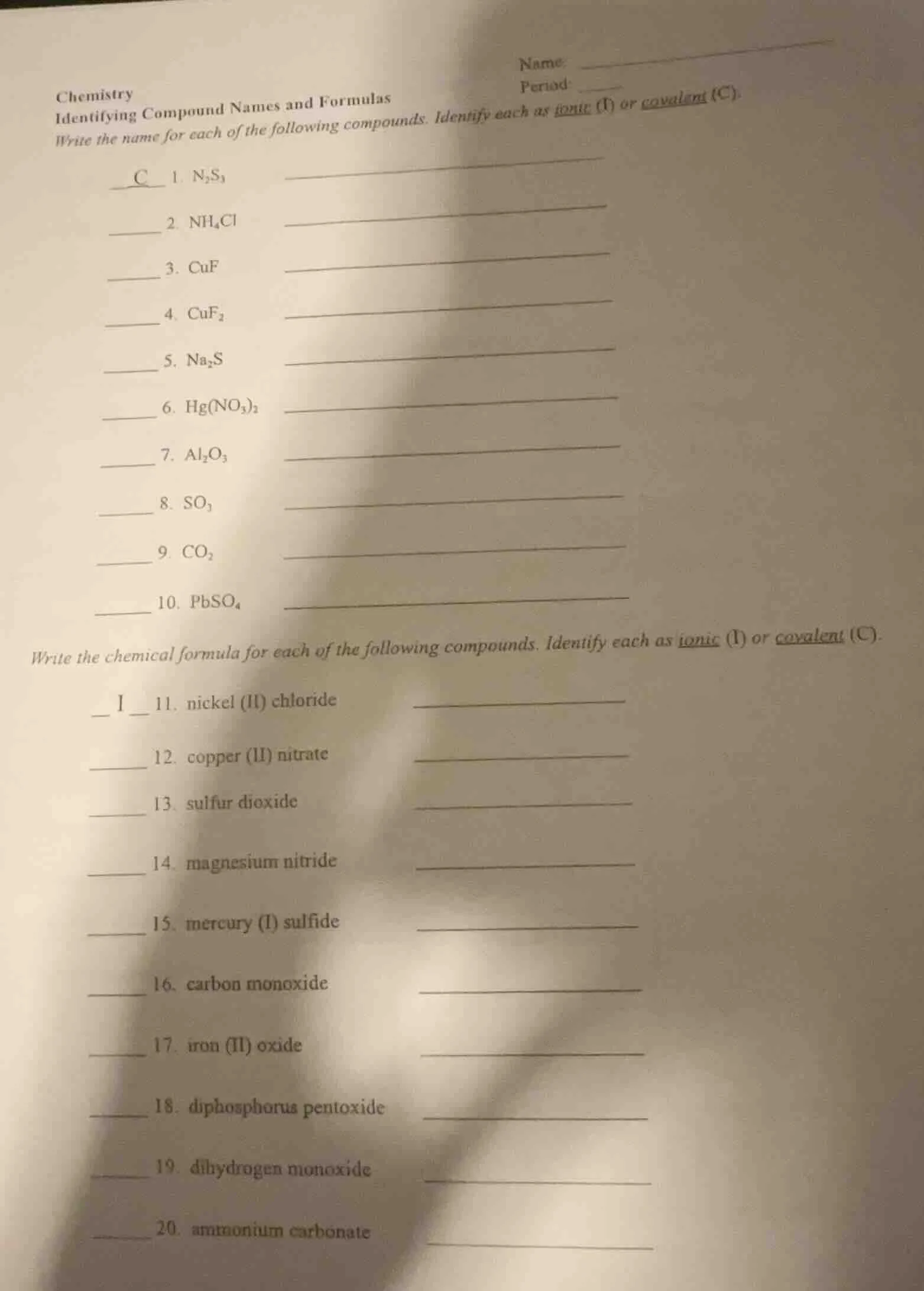 chemistry identifying compound names and formulas write the name for ea…