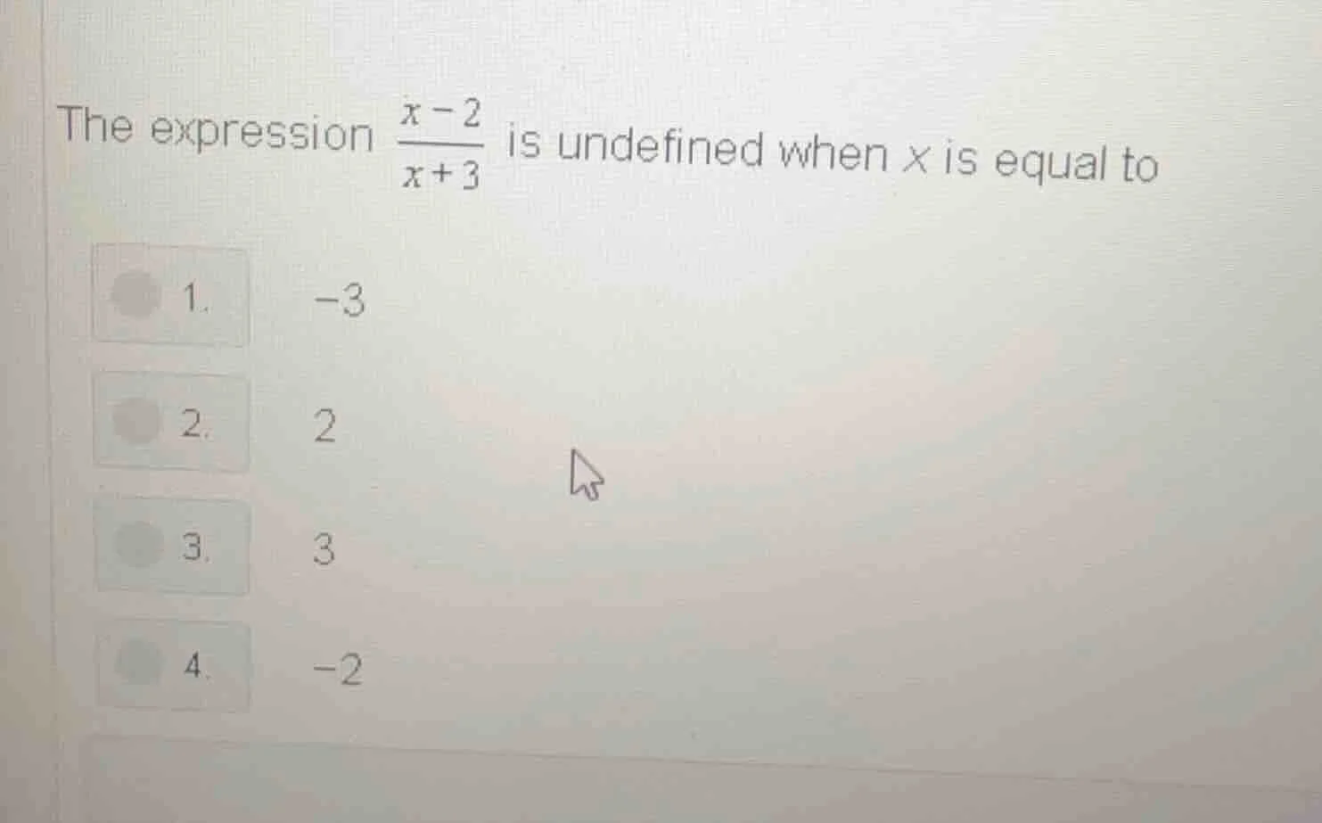 the expression \\(\\frac{x - 2}{x + 3}\\) is undefined when \\(x\\) is …