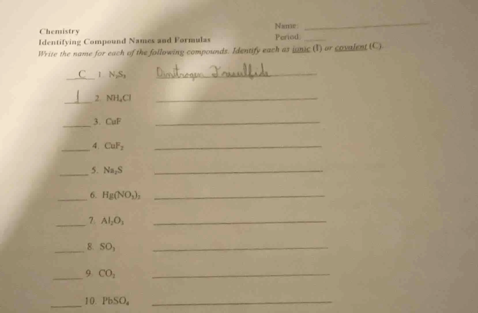 chemistry identifying compound names and formulas name: period: write t…