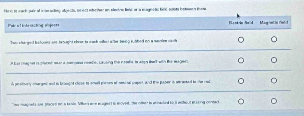 next to each pair of interacting objects, select whether an electric fi…