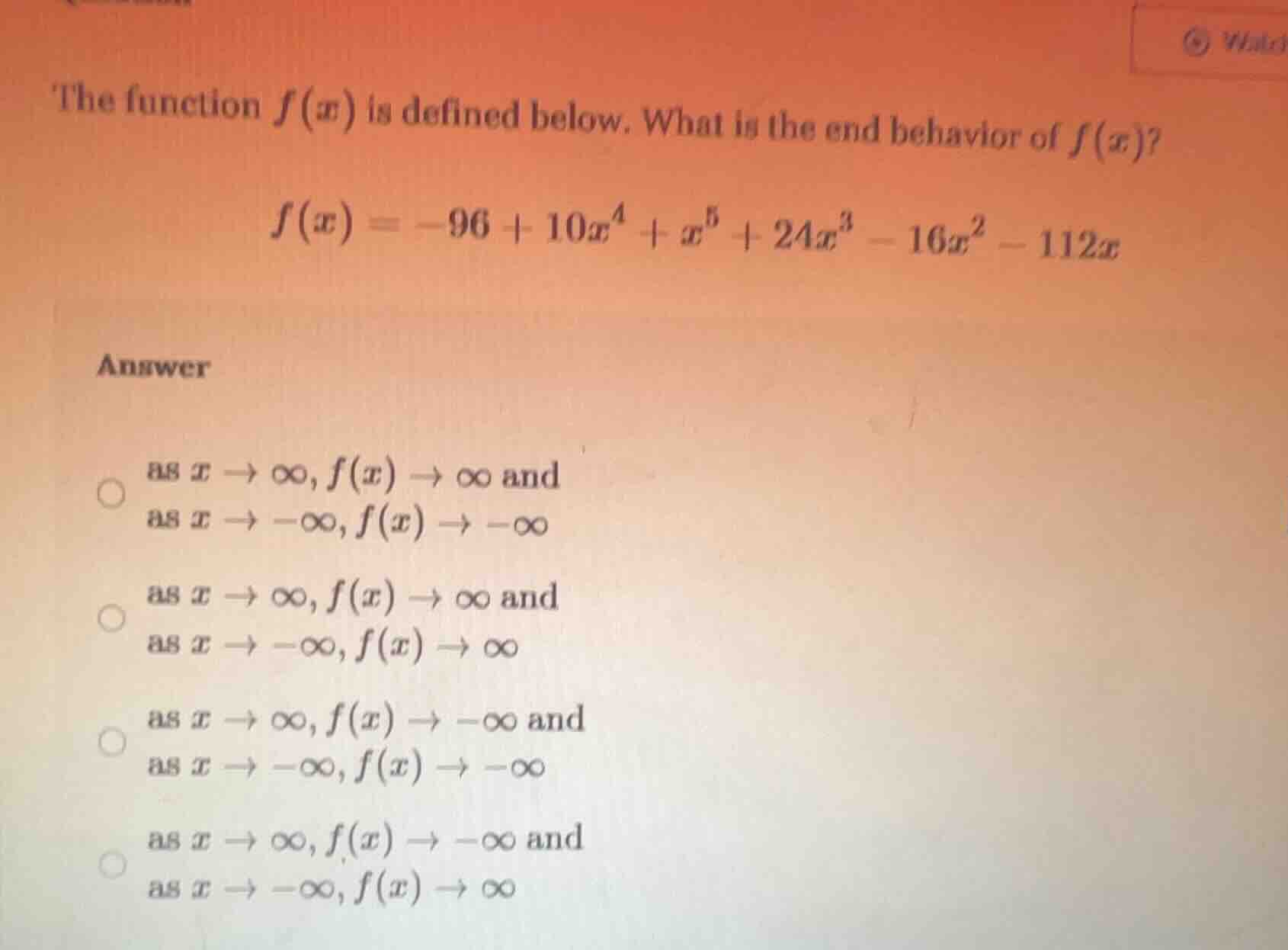 the function $f(x)$ is defined below. what is the end behavior of $f(x)…