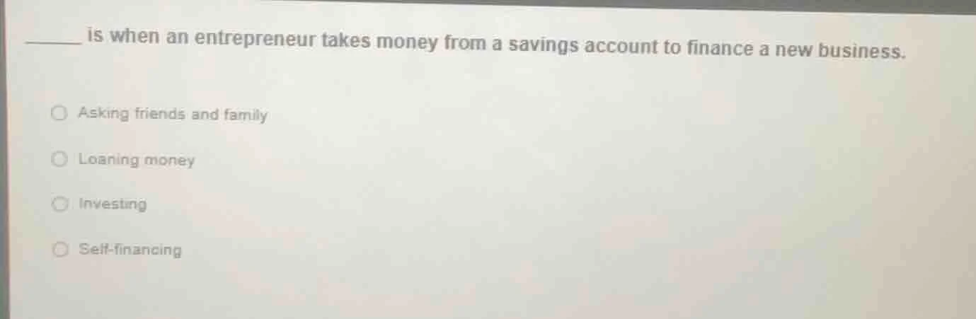 _____ is when an entrepreneur takes money from a savings account to fin…