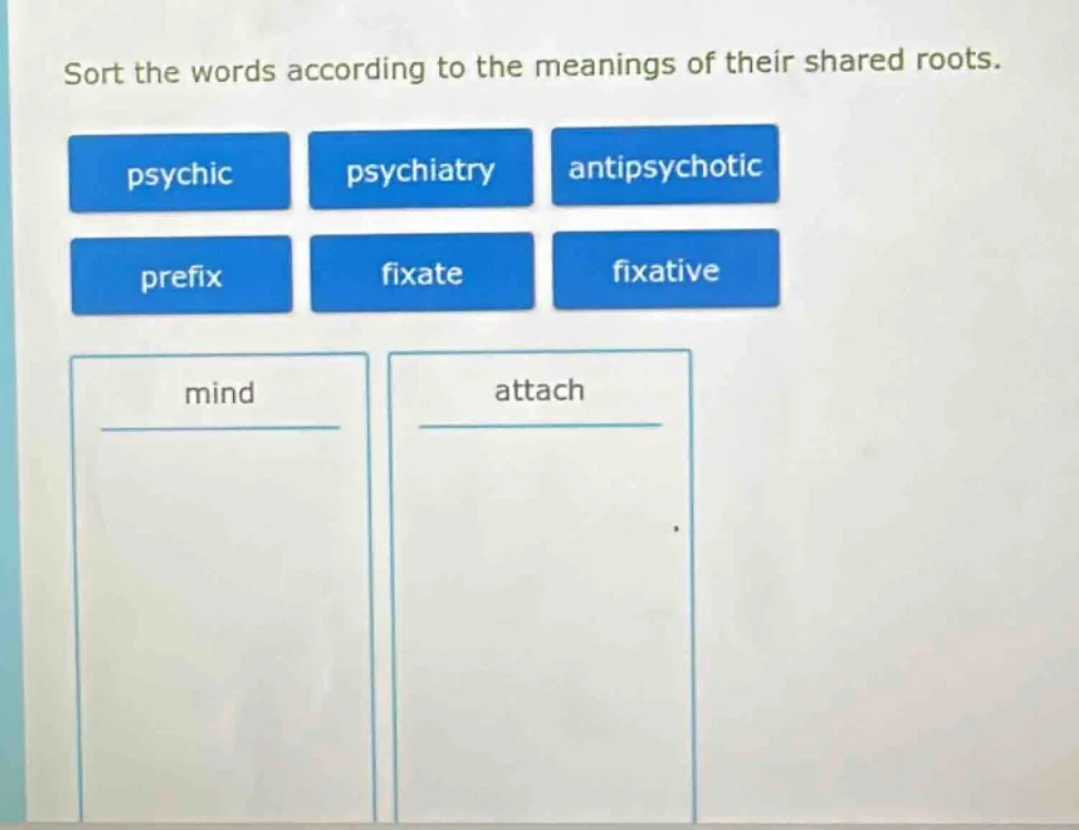 sort the words according to the meanings of their shared roots. psychic…