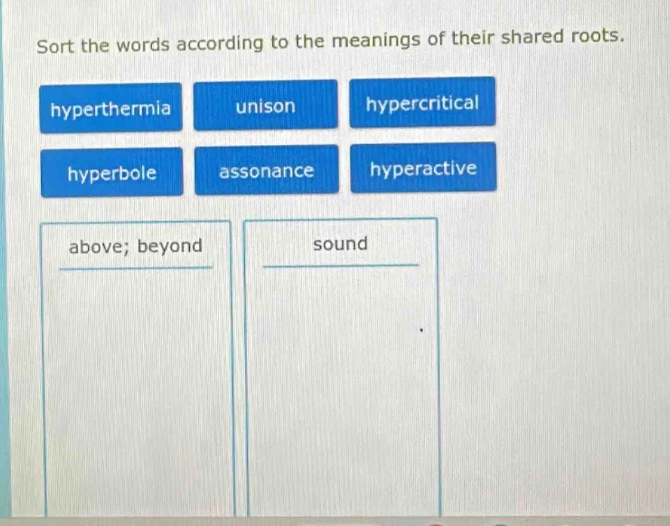 sort the words according to the meanings of their shared roots. hyperth…