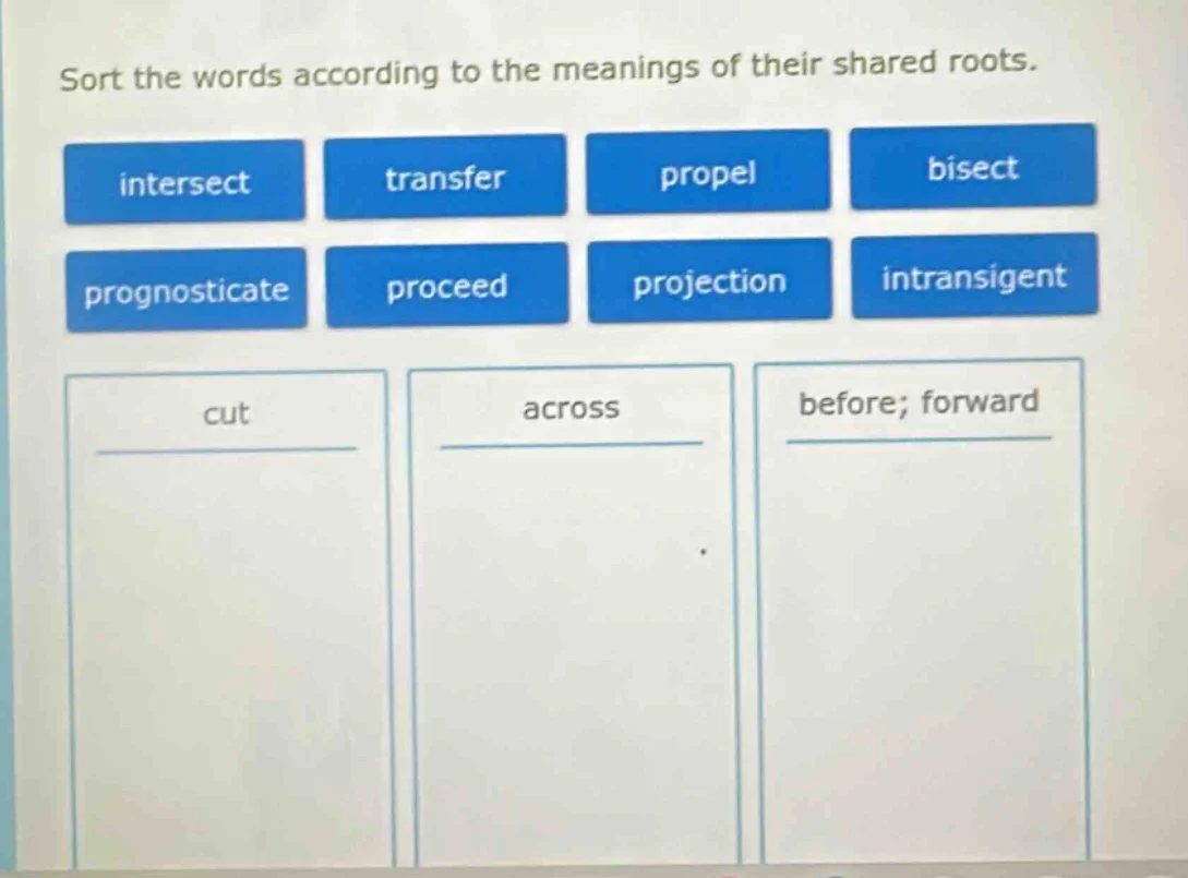 sort the words according to the meanings of their shared roots. interse…