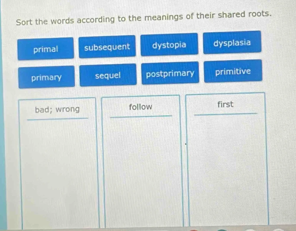 sort the words according to the meanings of their shared roots. primal …