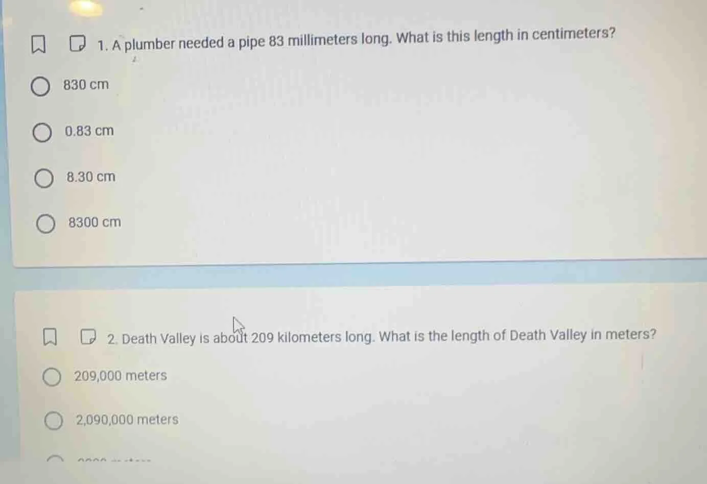 1. a plumber needed a pipe 83 millimeters long. what is this length in …