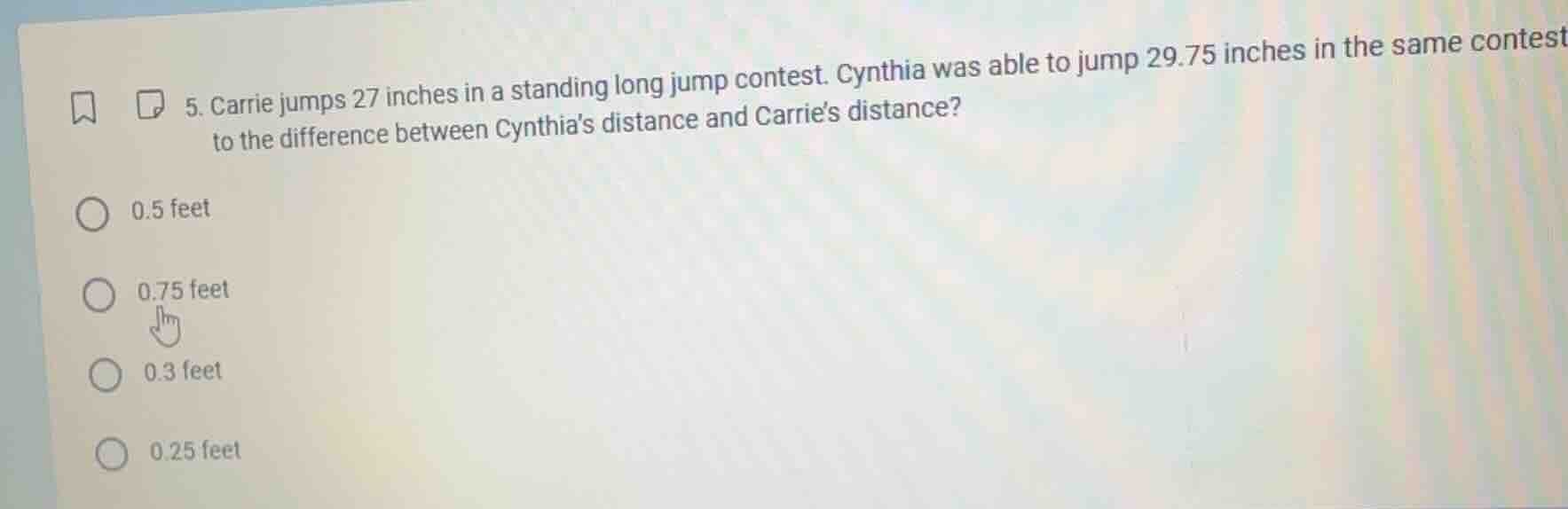 5. carrie jumps 27 inches in a standing long jump contest. cynthia was …