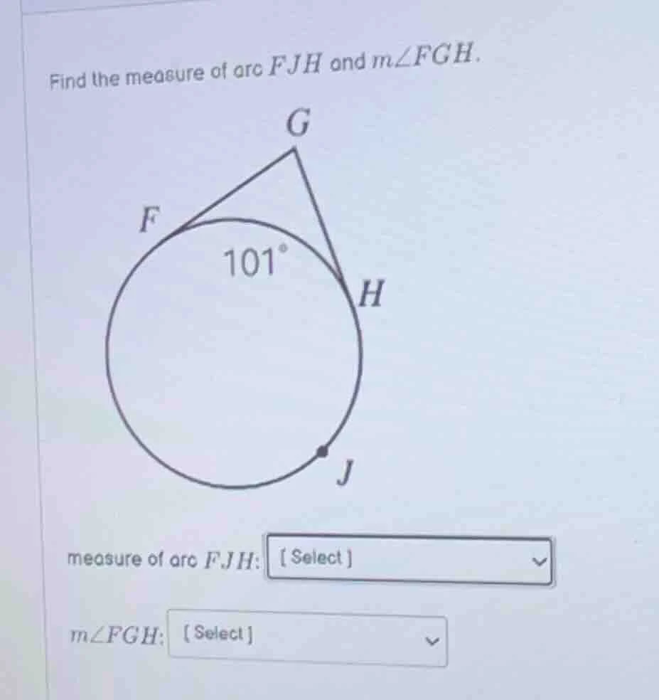 find the measure of arc fjh and ( mangle fgh ). measure of arc fjh: sel…