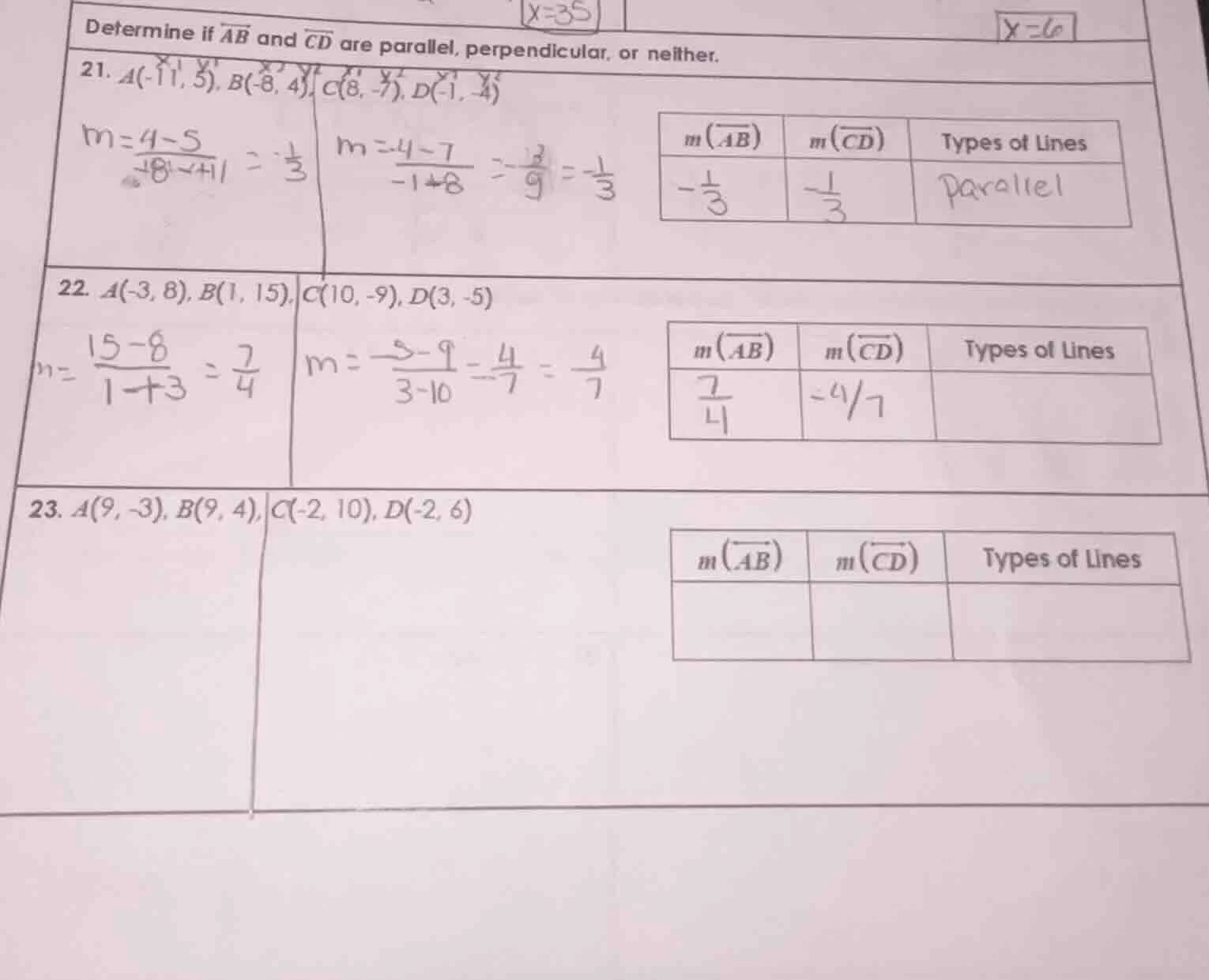 determine if $overline{ab}$ and $overline{cd}$ are parallel, perpendicu…