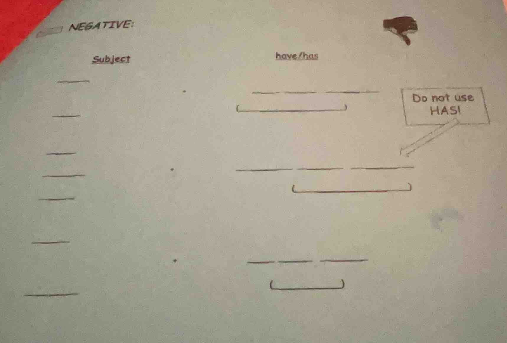 negative: subject have/has do not use has!