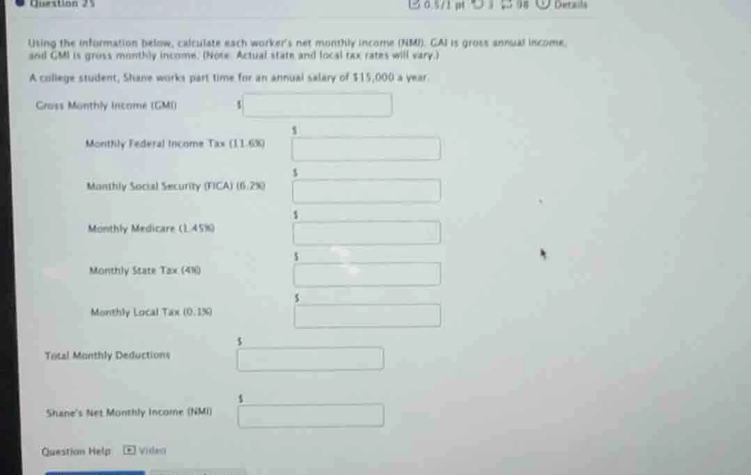 using the information below, calculate each workers net monthly income …