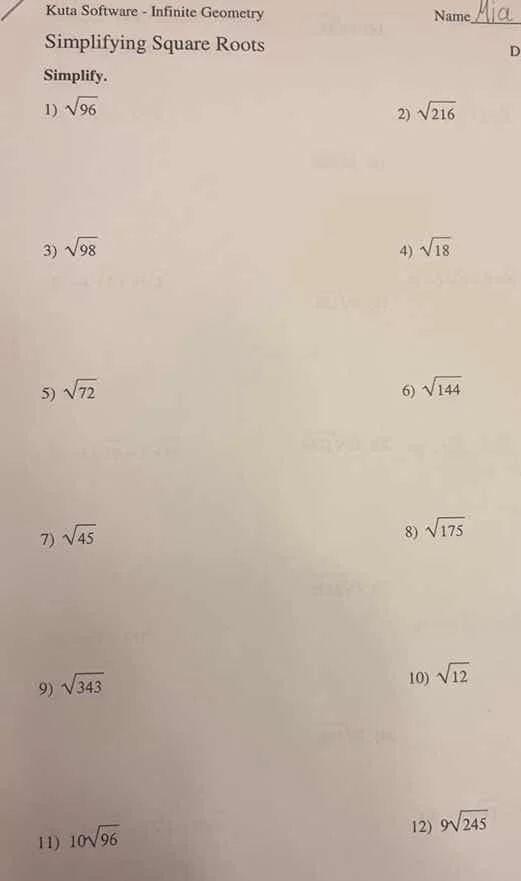 kuta software - infinite geometry simplifying square roots simplify. 1)…