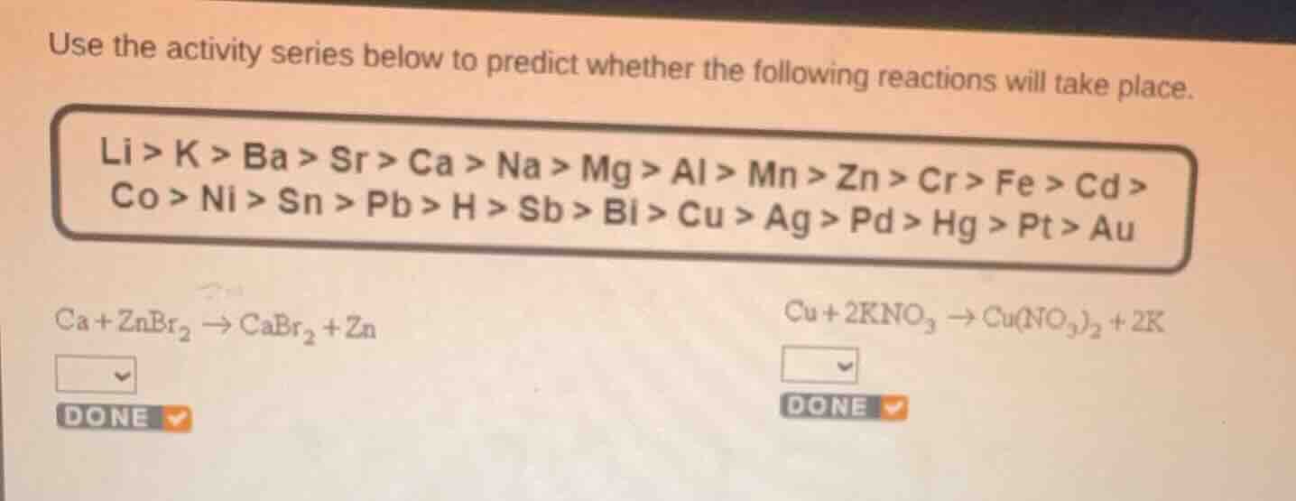 use the activity series below to predict whether the following reaction…