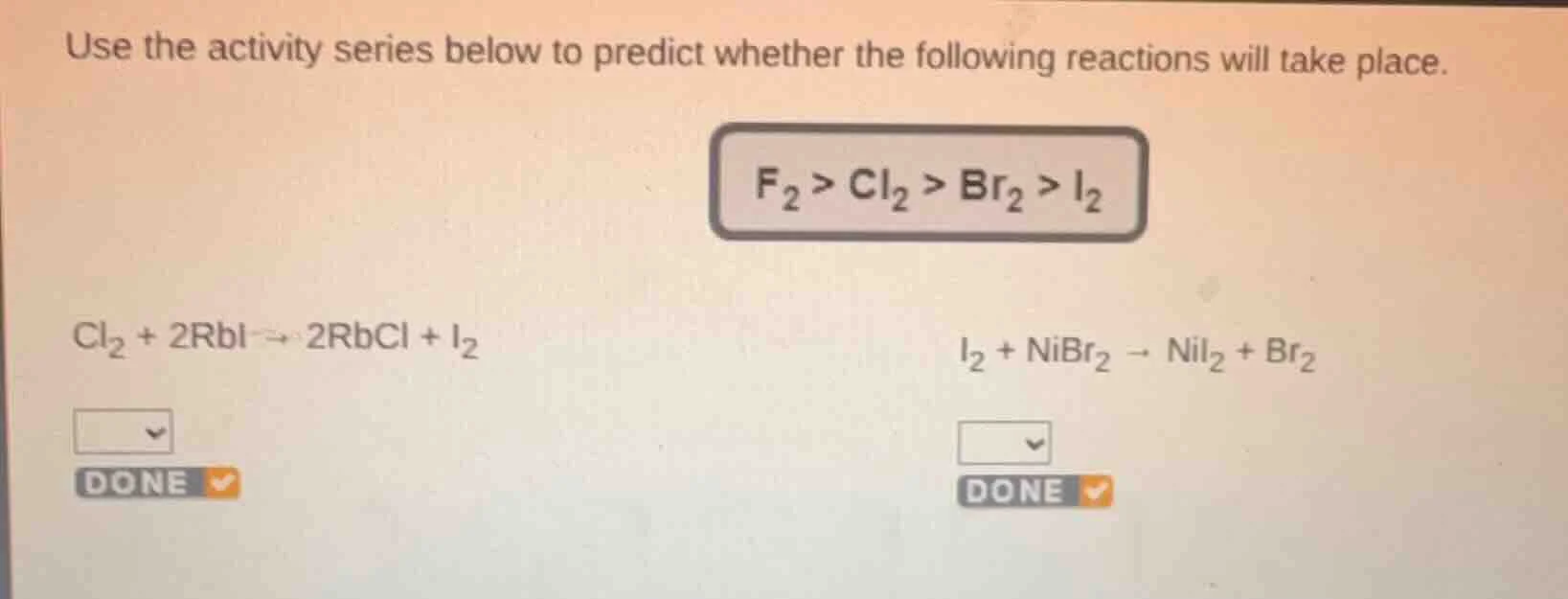 use the activity series below to predict whether the following reaction…