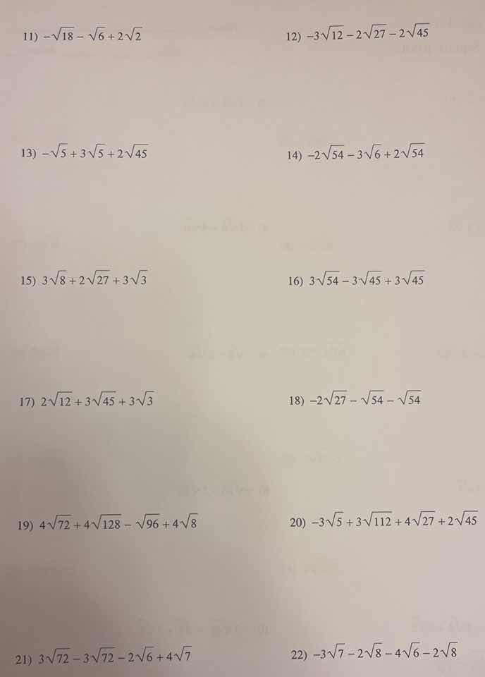 11) $-sqrt{18} - sqrt{6} + 2sqrt{2}$ 12) $-3sqrt{12} - 2sqrt{27} - 2sqr…