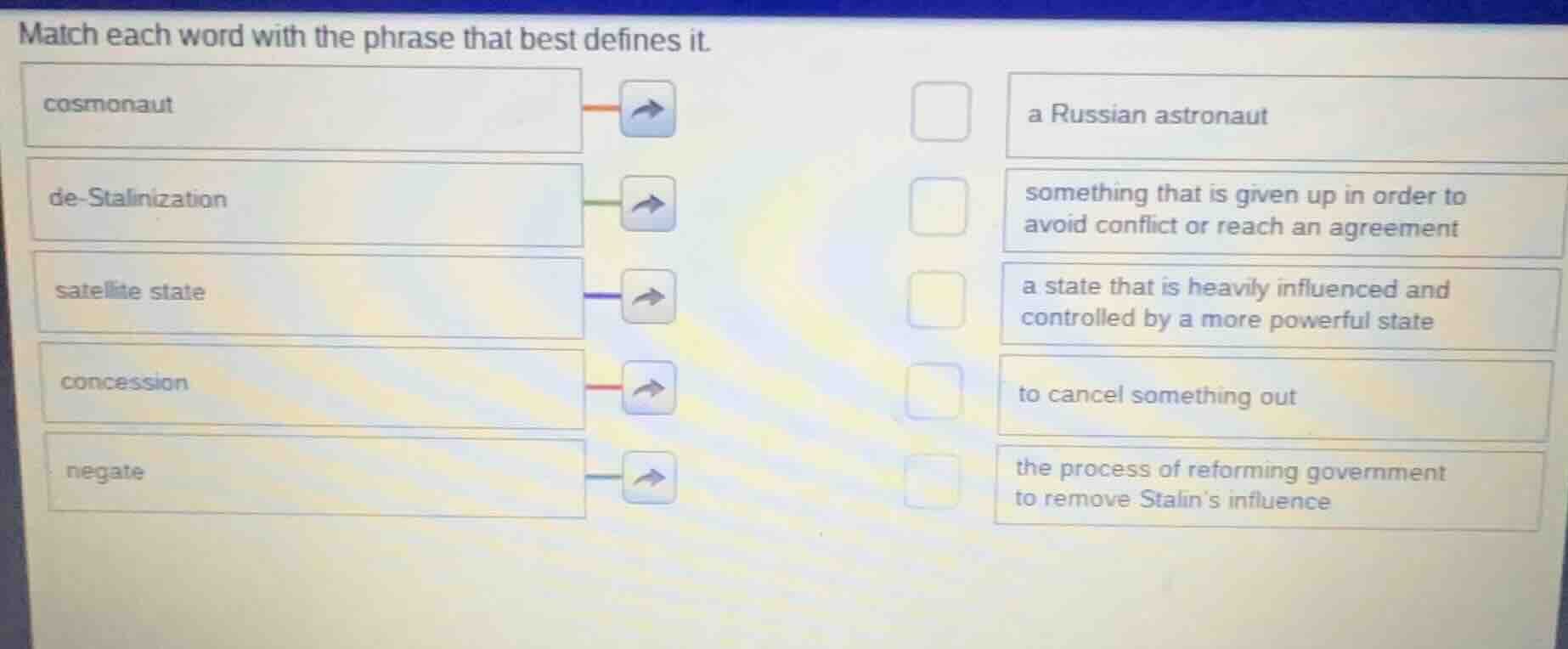 match each word with the phrase that best defines it. cosmonaut de - st…