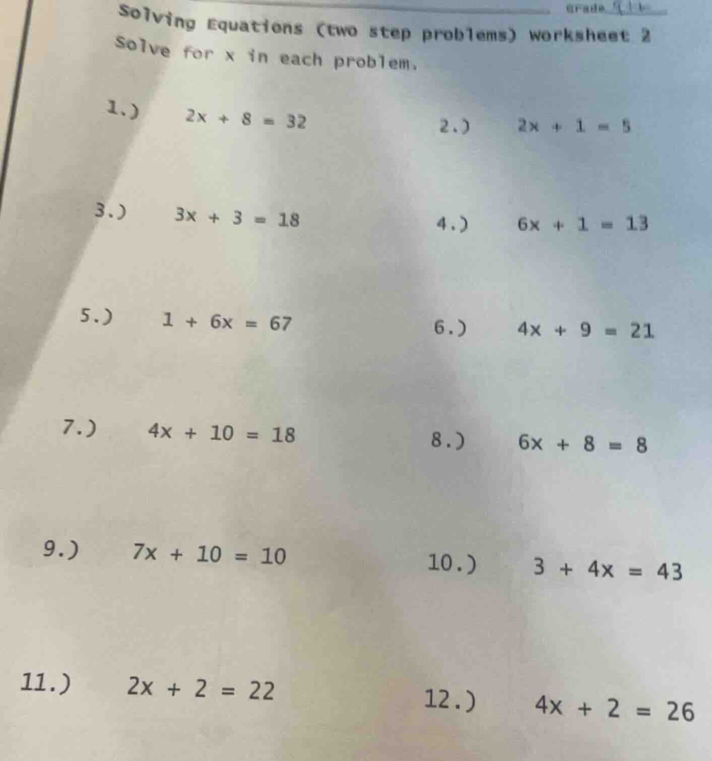solving equations (two step problems) worksheet 2 solve for x in each p…