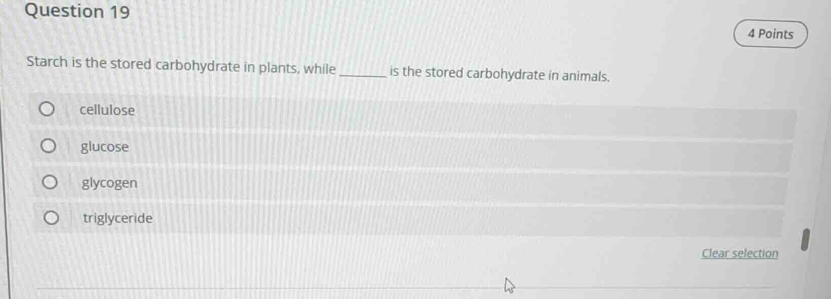 question 19 4 points starch is the stored carbohydrate in plants, while…