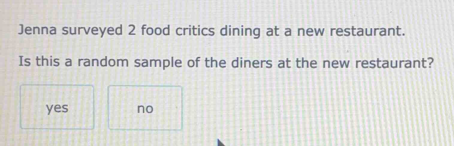 jenna surveyed 2 food critics dining at a new restaurant. is this a ran…