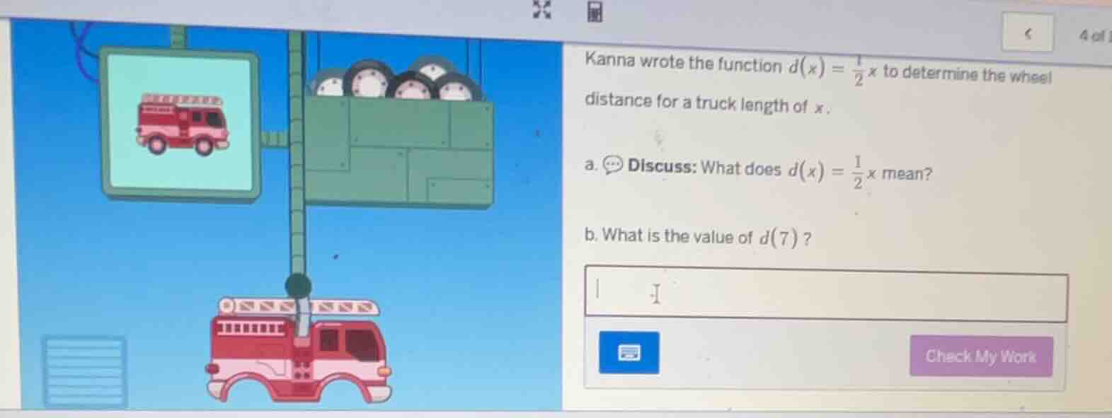 kanna wrote the function $d(x) = \\frac{1}{2}x$ to determine the wheel …