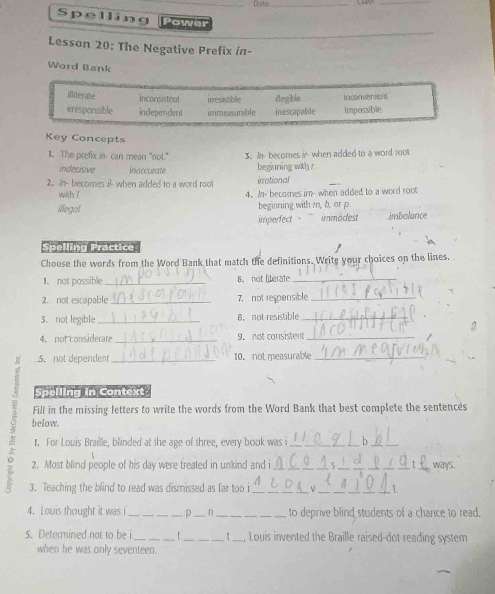 spelling power lesson 20: the negative prefix in- word bank illiterate …