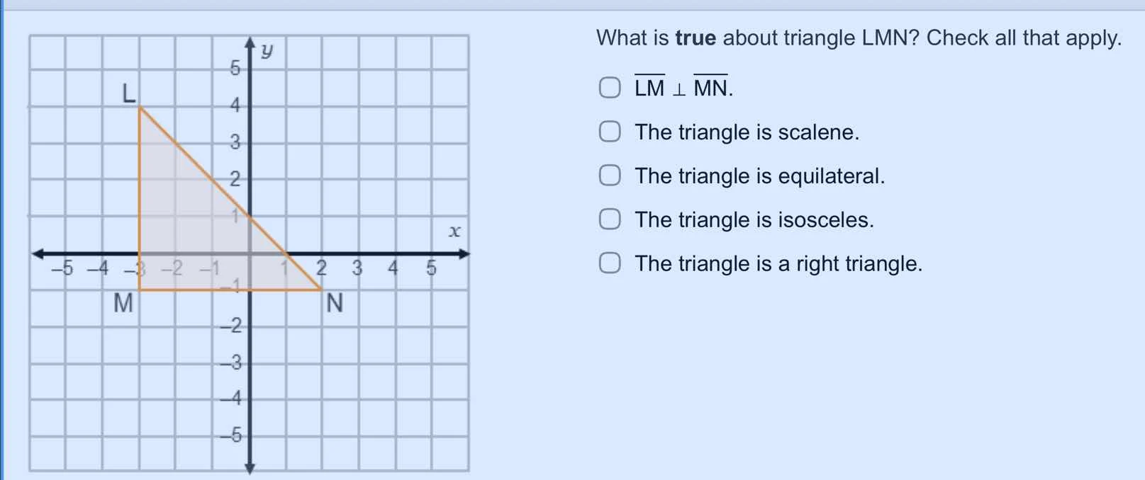 what is true about triangle lmn? check all that apply. \\(\\overline{lm…
