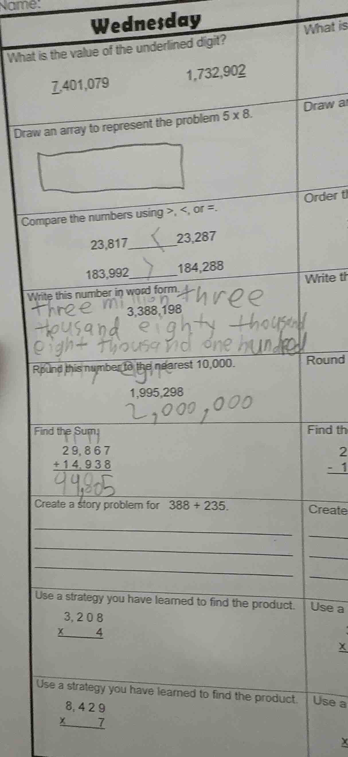 wednesday what is the value of the underlined digit? 7,401,079 1,732,90…