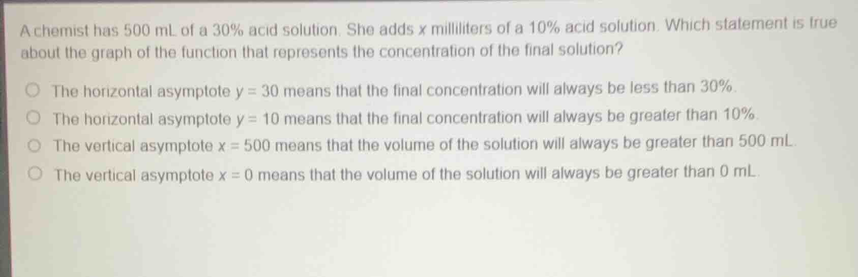 a chemist has 500 ml of a 30% acid solution. she adds x milliliters of …