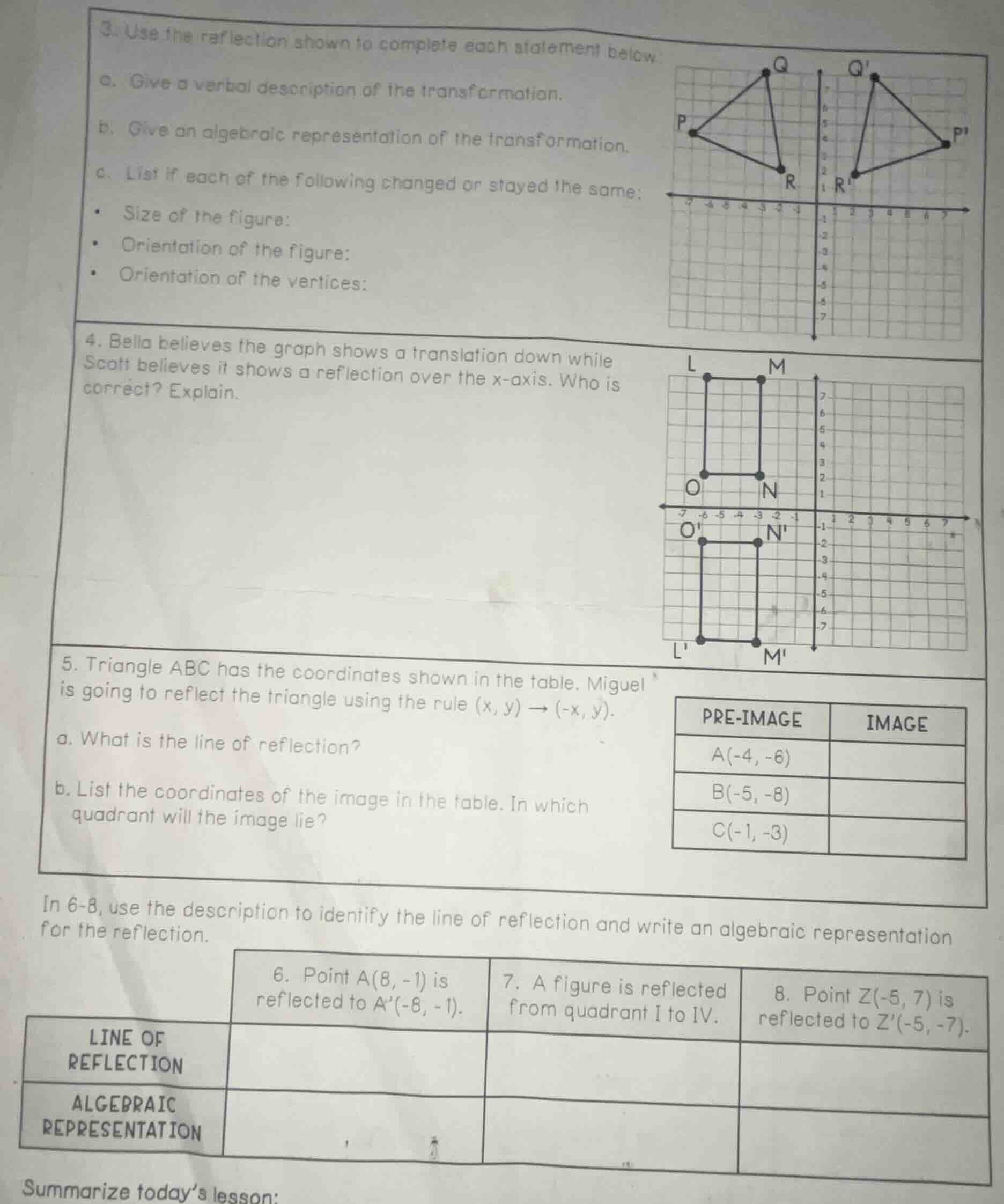 3. use the reflection shown to complete each statement below: a. give a…