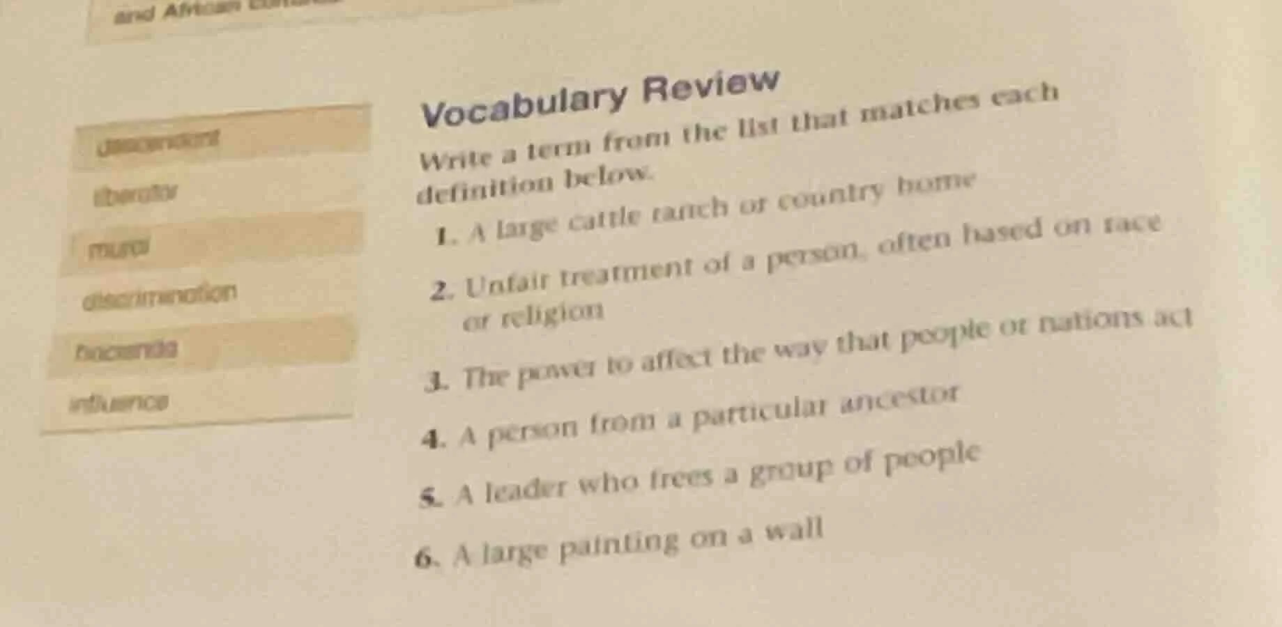 vocabulary review write a term from the list that matches each definiti…